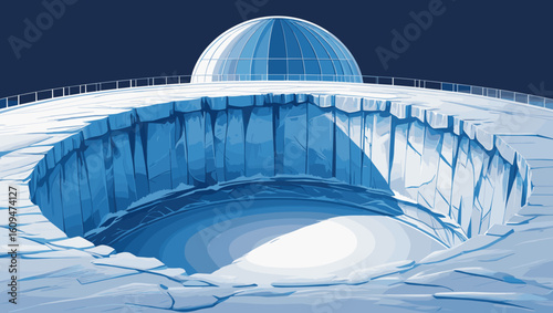 Ice pit with a dome structure and snowy landscape under a clear blue sky