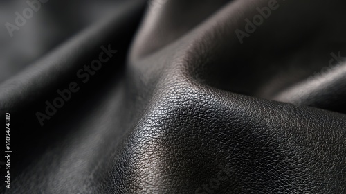 Close-up of black leather texture and pattern with a rich, grainy surface with subtle creases and folds for product promotion or luxury brand backgrounds.