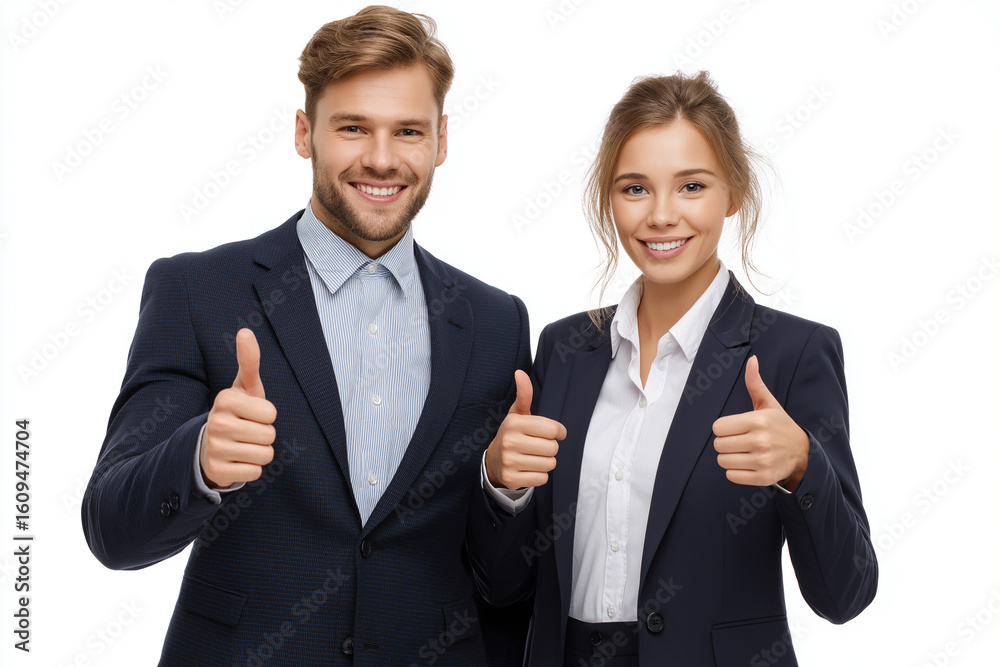Business partners in formal suits smiling and giving thumbs up, symbolizing success, teamwork, and trust in professional collaboration. Isolated on white background Business partners in formal suits smiling and giving thumbs up, symbolizing success, teamwork, and trust in professional collaboration. Isolated on white background