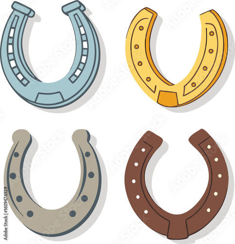 Four colorful horseshoes with nail holes and shadows luck metal