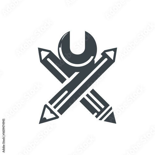 A creative design featuring crossed pencils and a wrench, symbolizing innovation and craftsmanship