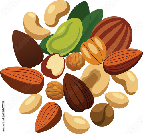 A healthy assortment of organic nuts including almonds and cashews