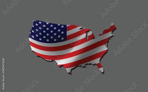 American flag waving over united states map on gray background