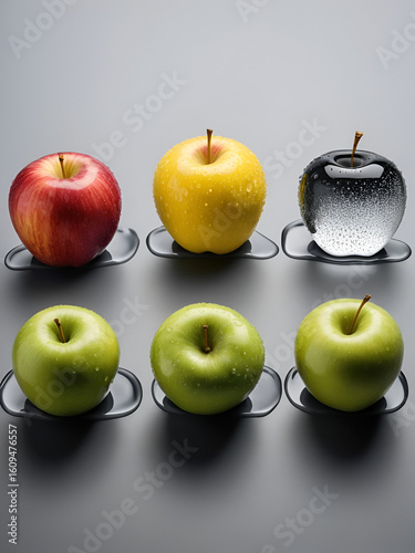 Apple's acidity affects splash viscosity. Gray backdrop shows malic acid creating longer-lasting perfect droplets than sweet varieties.