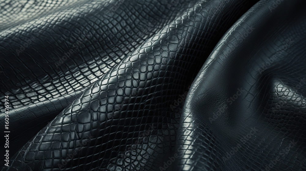 Naklejka premium Close-up of black leather texture and pattern with a rich, grainy surface with subtle creases and folds for product promotion or luxury brand backgrounds.