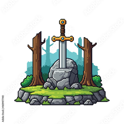 Legendary pixel art sword in stone with golden hilt and blue gems.