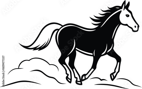 Majestic horse galloping across a dusty desert landscape silhouette