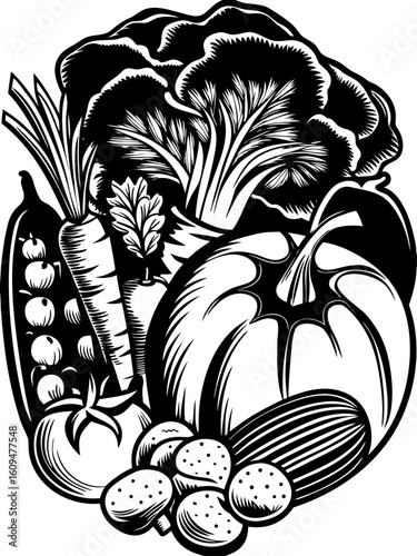 Fresh produce vegetable harvest featuring pumpkin tomato lettuce cucumber carrot and other garden vegetables art - vector illustration