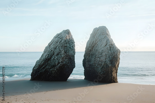 Fototapeta Naklejka Na Ścianę i Meble -  two large rocks sitting on top of a sandy beach