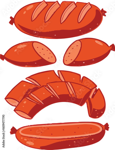 Red sausages sliced and whole vector illustration food meat