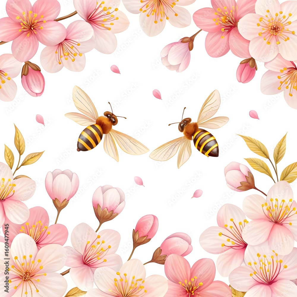 Two bees flying among delicate pink cherry blossoms in spring Two bees flying among delicate pink cherry blossoms in spring