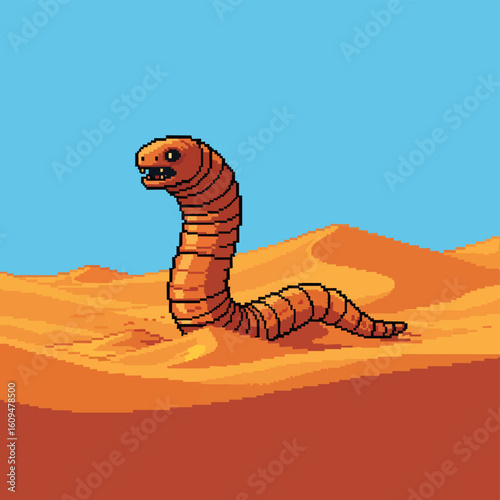 Pixelated Sandworm Emerging from Desert Dunes.