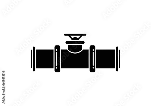 A black silhouette of a pipe with a valve and flanges on a white background
