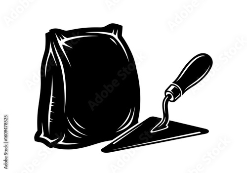A black silhouette of a bag of cement next to a trowel on a white background