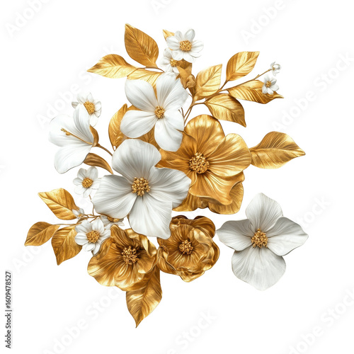 A bunch of gold and white flowers, cluster of gold and white flowers arranged together, isolated on transparent background