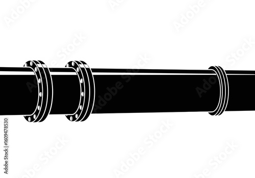 A long black pipe with flanges on a white background, representing industrial transport
