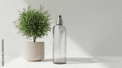 Clear spray bottle beside green plant in pot image