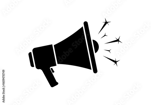 Black silhouette of a megaphone broadcasting sound waves isolated on white background