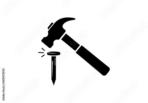 A black silhouette of a hammer striking a nail, symbolizing work and construction