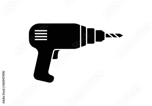 A black silhouette of a power drill isolated on a white background