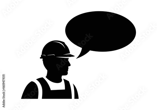 A silhouette of a construction worker with a speech bubble isolated on white