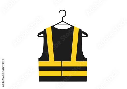 Yellow and black highvisibility safety vest hanging on a hanger, isolated on white background