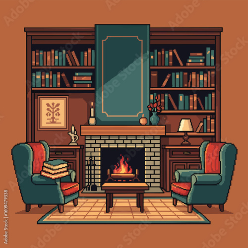 Cozy Pixel Art Library Room with Fireplace and Armchairs.