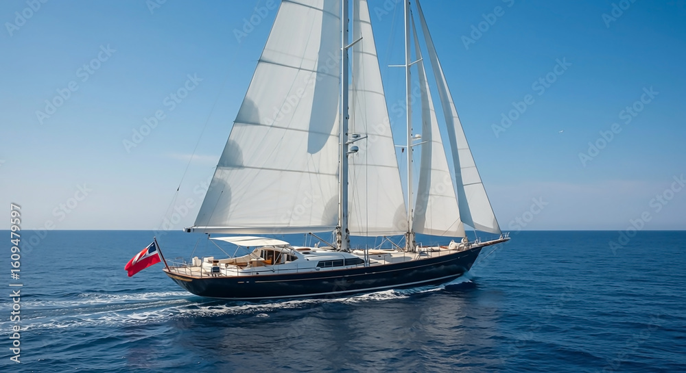 Fototapeta premium Luxury Sailing Yacht on Open Ocean Under a Clear Blue Sky
