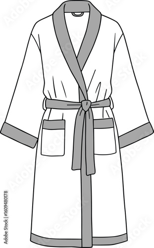 Unisex Terry Cloth Robe Technical Flat Sketch, Featuring Shawl Collar, Tie Belt, and Patch Pockets, Apparel Design Vector Illustration for Loungewear Collection.