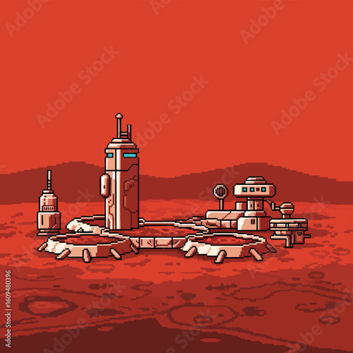 Pixelated Martian Colony with Futuristic Structures and Landing Pads.
