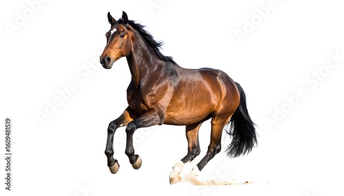 A brown horse in mid-stride against a white background