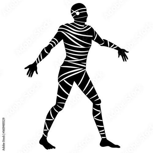 Black mummy walking with outstretched arms white silhouette