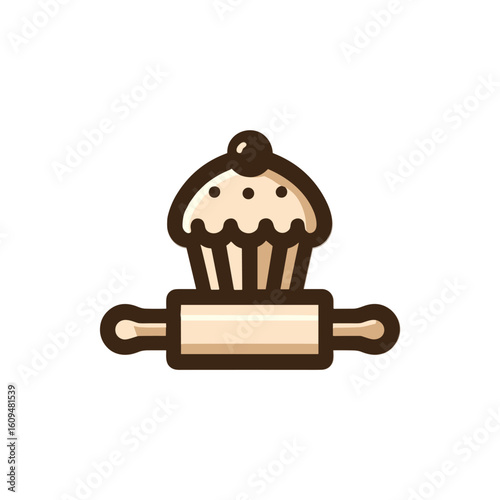 A whimsical illustration of a cupcake topped with frosting, resting on a rolling pin, symbolizing baking creativity