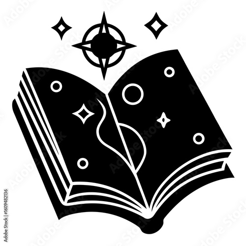 Open spellbook with magical stars open book arcane