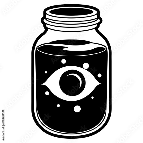 Spooky jar containing an all seeing eye glass liquid