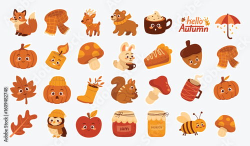 Autumn collection of stickers featuring cute woodland animals, pumpkins, mushrooms, coffee cups, acorns, scarves, honey jars, and leaves in warm orange and brown tones