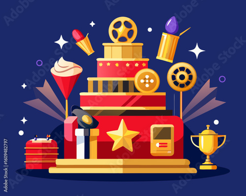 Cinematic celebration cake with movie reel and trophy