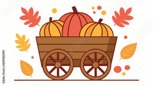 Festive fall harvest illustration featuring pumpkins in a rustic wooden wagon surrounded by colorful autumn leaves and cheerful dots