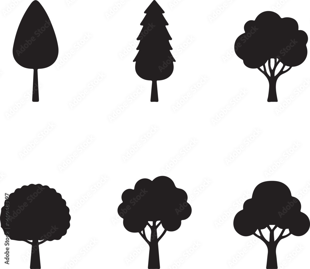 Fototapeta premium Simple Black Silhouette Tree Icons Set