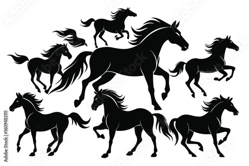 Collection of silhouetted horses in various poses and gallops