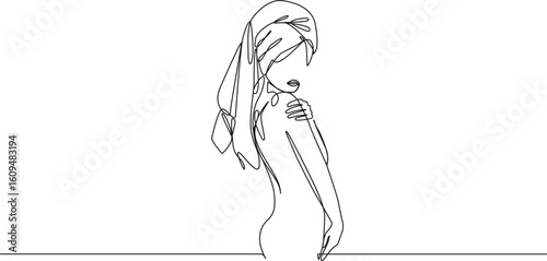 side view of woman after shower with towel wrapped around her head looking over shoulder, continuous line drawing, line art vector illustration