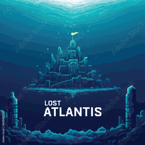 The lost city of Atlantis in a retro 8-bit pixel art style submerged deep underwater.