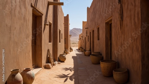 Narrow desert alleyway between ancient clay buildings with pottery