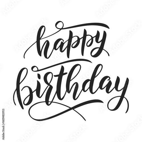 Elegant black script happy birthday text on white background