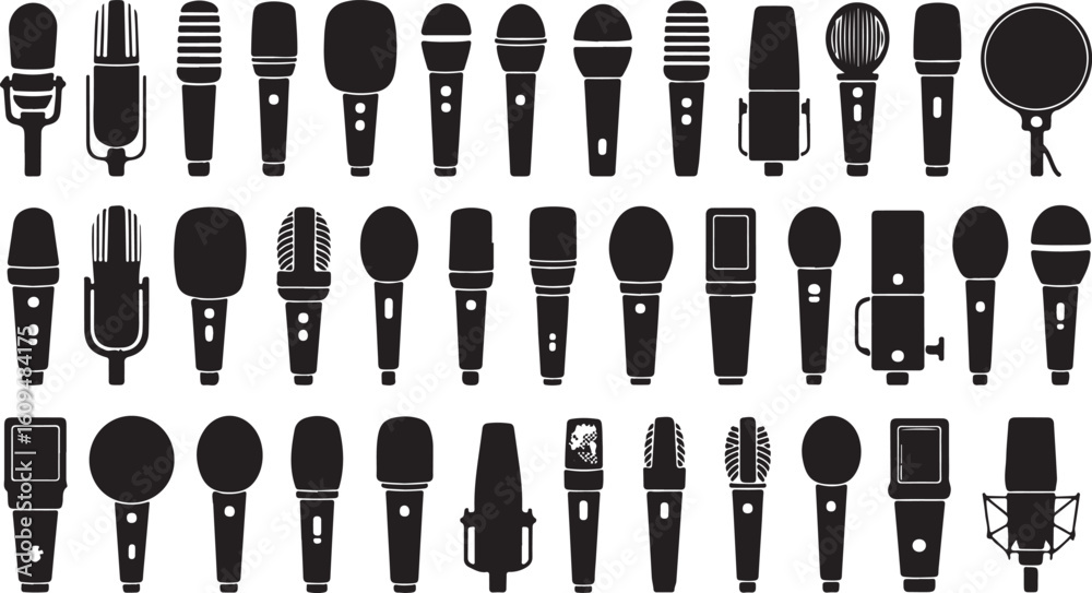 Fototapeta premium Diverse microphone collection black silhouettes audio