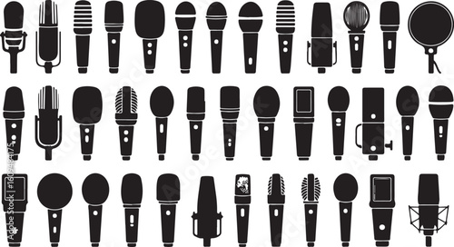 Diverse microphone collection black silhouettes audio