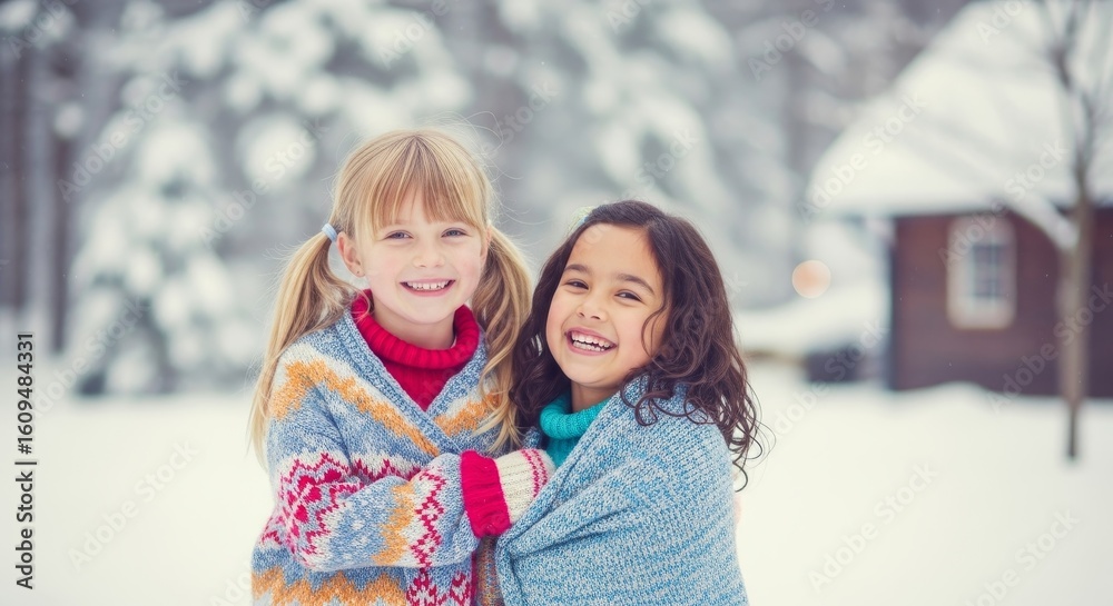 Obraz premium Winter Wonderland Sisters - Two happy sisters bundled in warm sweaters and a blanket, symbolizing friendship, warmth, winter joy, childhood innocence, and sibling love