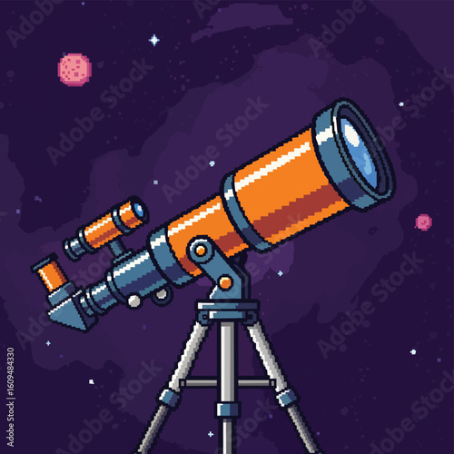 Pixel Art Telescope Observing Distant Planets and Stars in Space.