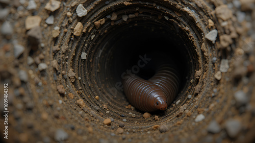 A long common earthworm crawling in a tunnel