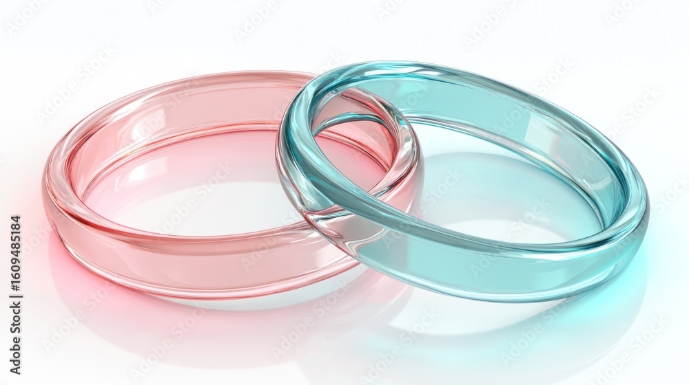 Fototapeta premium Two translucent rings, one pinkish-red, the other light teal-blue, rest on a white surface